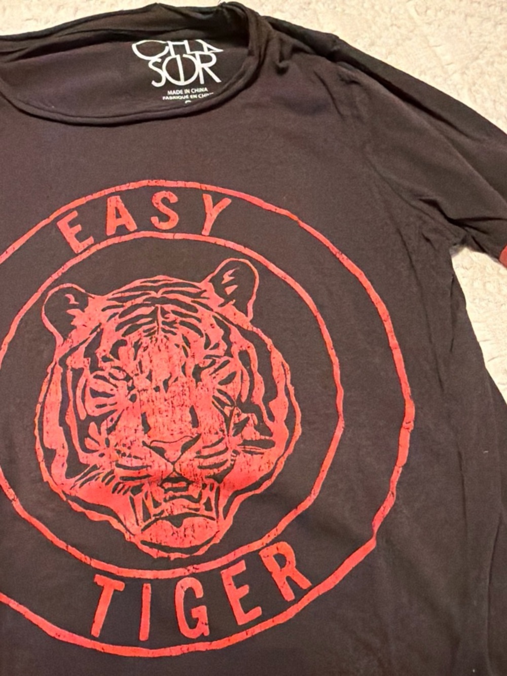 Chaser Black Tee with Red Tiger Graphic and "EASY TIGER" Text